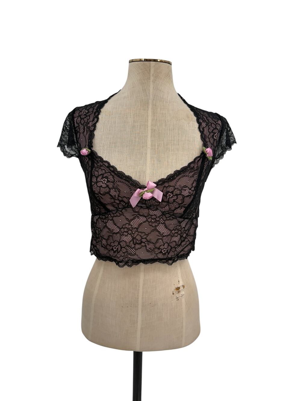 Sugar Thrillz Dolls Kill Lace Crop Top Black Pink‎ Bow Sheer Floral NWT Medium